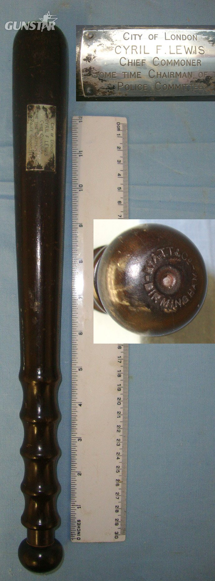 20th Century Hiatt & Co Birmingham British City Of London Police Presentation Lignum Vitae Tropical Hard Wood Truncheon With Presentation Plate \'City of London, Cyril F Lewis Chief Commoner Some Time Chairman of the Police Committee\'. Sn 22227  Antique & Militaria in 