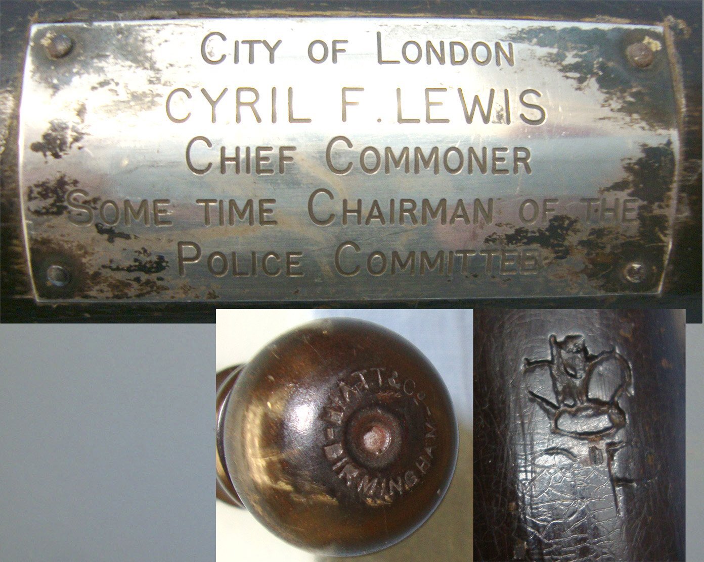 20th Century Hiatt & Co Birmingham British City Of London Police Presentation Lignum Vitae Tropical Hard Wood Truncheon With Presentation Plate \'City of London, Cyril F Lewis Chief Commoner Some Time Chairman of the Police Committee\'. Sn 22227  Antique & Militaria