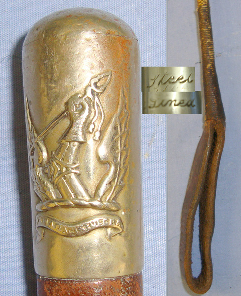 WW1 Era British Officers Brown Leather Covered Swagger / Riding Crop With Brass Mounts Embossed With Honourable Artillery Company (HAC) Regimental Badge & Crest  Antique & Militaria