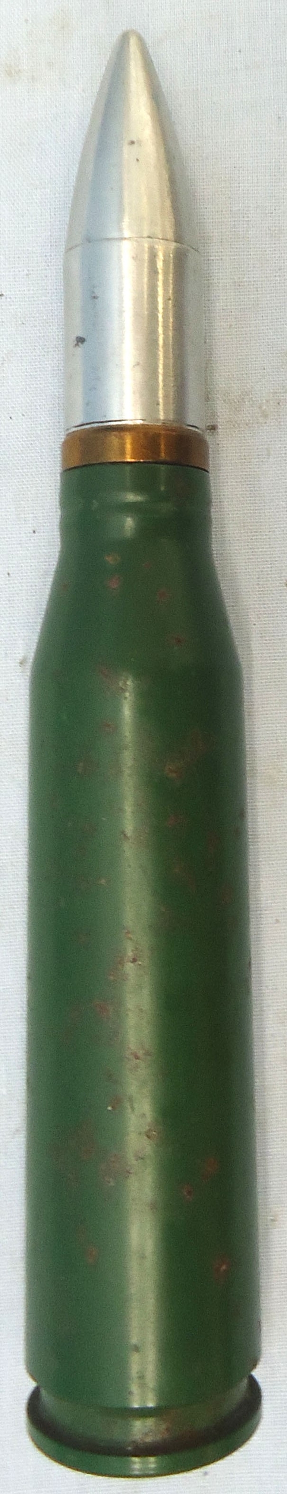 INERT DEACTIVATED. Unfired, British, British Marco Made Oerlikon 20mm KAA/5TG (20x128) APCR (Armour Piercing Composite Rigid) ¾ Sectioned Cannon Round. - O 1993 INERT DEACTIVATED. Unfired, British, British Marco Made Oerlikon 20mm KAA/5TG (20x128) APCR (Armour Piercing Composite Rigid) ¾ Sectioned Cannon Round. - O 1993  Other Ammunition - {CATEGORY}