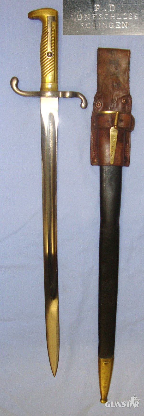 1873 Imperial German Seitengewehr Model 1871 P.D. Luneschloss Solingen Brass Hilt Bayonet For The M1871 Mauser Rifle With Regiment Mark ’73.R.E.4.111’, Scabbard With Regiment Mark ’84.R.8.186’ & Original Leather Frog. Sn 22885 Bayonet in 