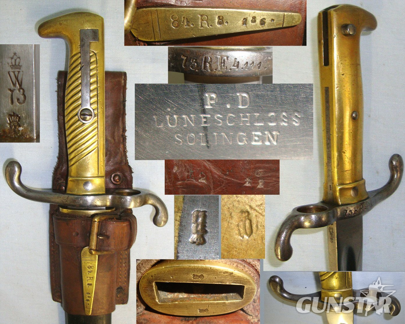 1873 Imperial German Seitengewehr Model 1871 P.D. Luneschloss Solingen Brass Hilt Bayonet For The M1871 Mauser Rifle With Regiment Mark ’73.R.E.4.111’, Scabbard With Regiment Mark ’84.R.8.186’ & Original Leather Frog. Sn 22885 Bayonet