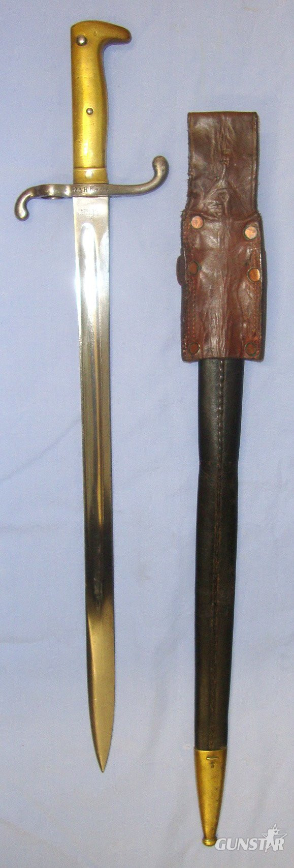  1873 Imperial German Seitengewehr Model 1871 P.D. Luneschloss Solingen Brass Hilt Bayonet For The M1871 Mauser Rifle With Regiment Mark ’73.R.E.4.111’, Scabbard With Regiment Mark ’84.R.8.186’ & Original Leather Frog. Sn 22885 Bayonet