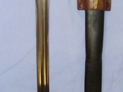 1873 Imperial German Seitengewehr Model 1871 P.D. Luneschloss Solingen Brass Hilt Bayonet For The M1871 Mauser Rifle With Regiment Mark ’73.R.E.4.111’, Scabbard With Regiment Mark ’84.R.8.186’ & Original Leather Frog. Sn 22885 Bayonet