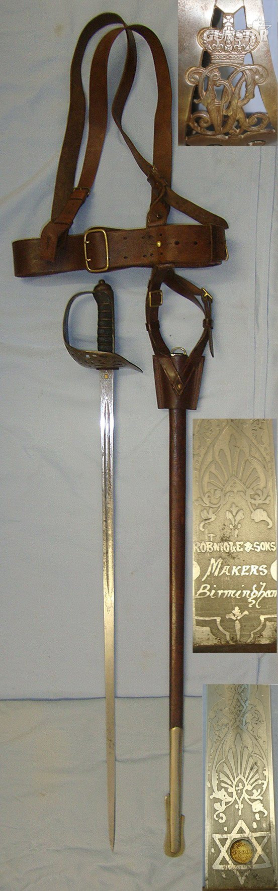 Victorian & WW1 Era British Robert Mole & Sons Birmingham 1895 / 97 Pattern Infantry Officer's Sword With Etched Blade, Leather Covered Scabbard, Frog & WW1 Era Sam Browne Equipment Belt Rig With Cross Belts. Sn 22832 Sword in 