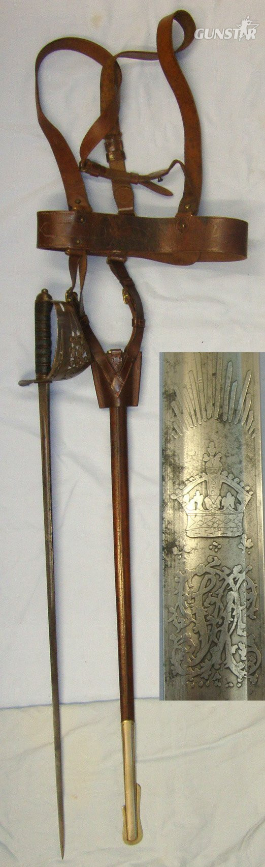  Victorian & WW1 Era British Robert Mole & Sons Birmingham 1895 / 97 Pattern Infantry Officer's Sword With Etched Blade, Leather Covered Scabbard, Frog & WW1 Era Sam Browne Equipment Belt Rig With Cross Belts. Sn 22832 Sword