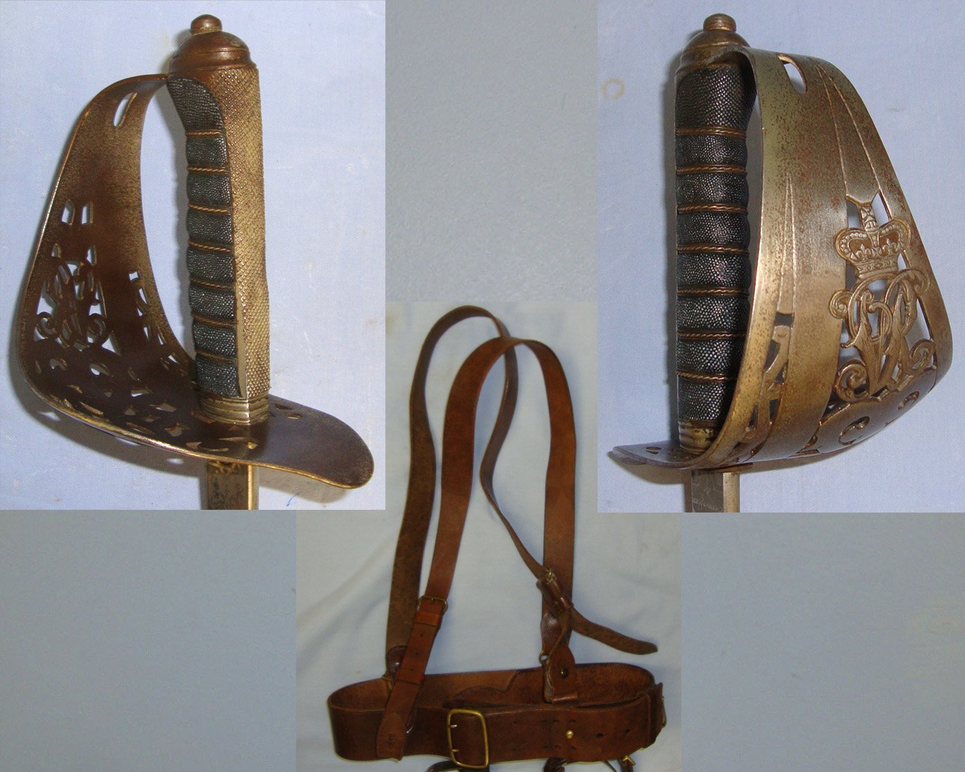 Victorian & WW1 Era British Robert Mole & Sons Birmingham 1895 / 97 Pattern Infantry Officer's Sword With Etched Blade, Leather Covered Scabbard, Frog & WW1 Era Sam Browne Equipment Belt Rig With Cross Belts. Sn 22832 Sword