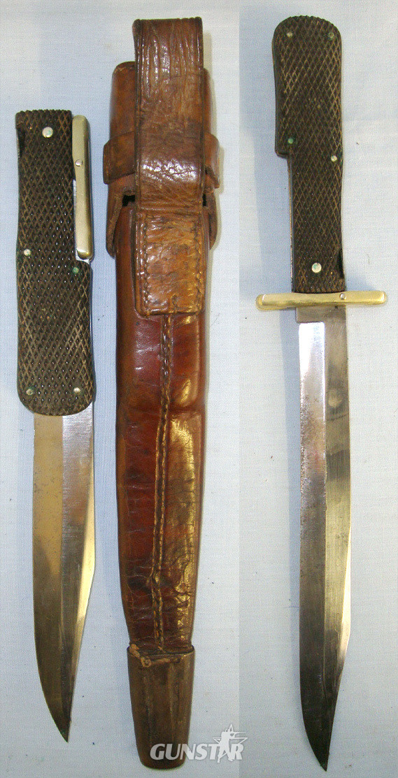  1880-1890 Boer War Era British Officer’s Private Purchase Robert McQueen & Son Newcastle Folding Bowie Knife With Leather Scabbard. **FROM THE DAVID HAYDEN-WRIGHT COLLECTION** Sn 20812 Knive
