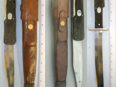 1880-1890 Boer War Era British Officer’s Private Purchase Robert McQueen & Son Newcastle Folding Bowie Knife With Leather Scabbard. **FROM THE DAVID HAYDEN-WRIGHT COLLECTION** Sn 20812 Knive