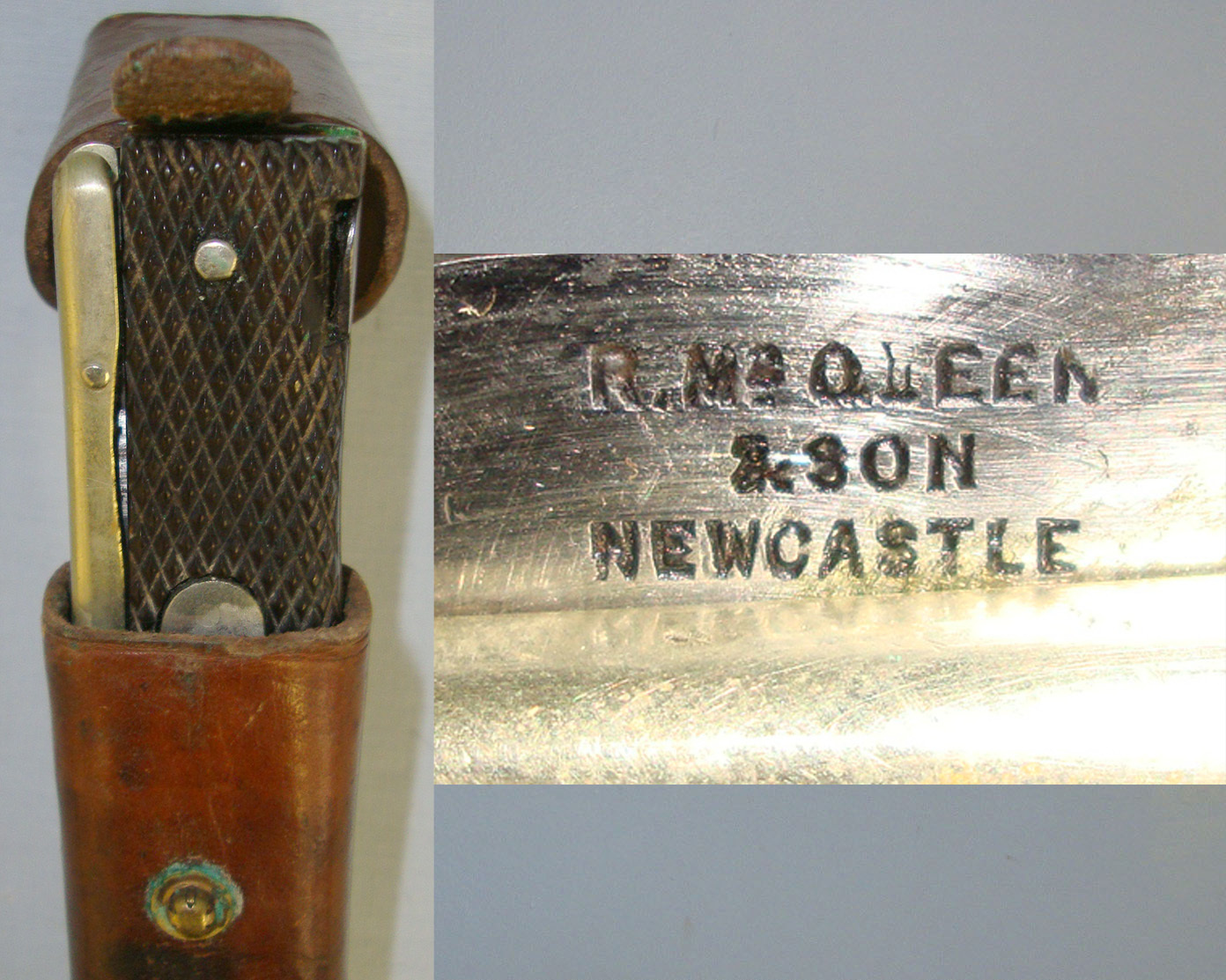 1880-1890 Boer War Era British Officer’s Private Purchase Robert McQueen & Son Newcastle Folding Bowie Knife With Leather Scabbard. **FROM THE DAVID HAYDEN-WRIGHT COLLECTION** Sn 20812 Knive