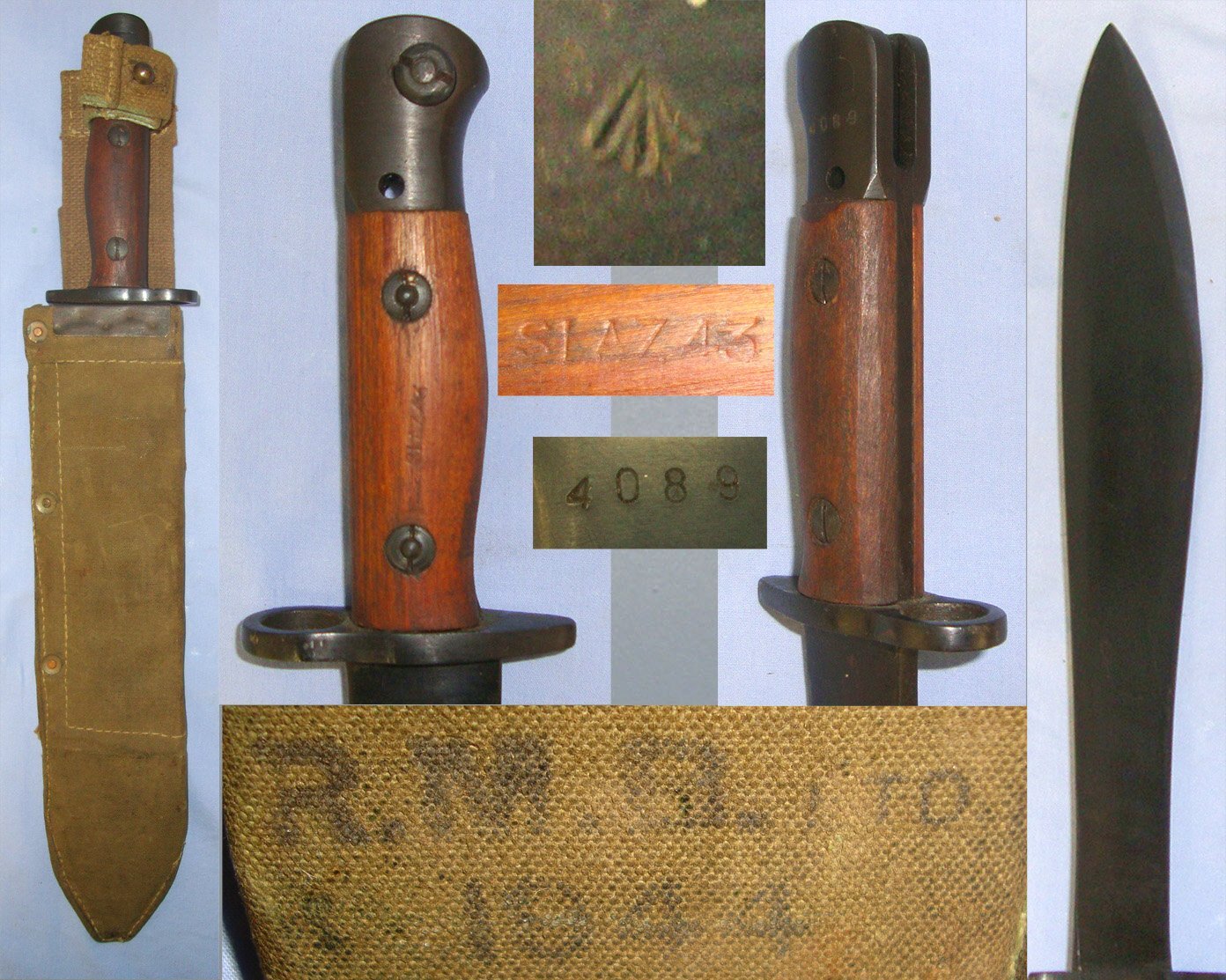 EXTREMELY RARE ONE OF ONLY 3,412**Original WW2 Australian WD Paratrooper’s Mark 1 Machete Bayonet For No.1 Rifles With ‘Slaz 43’ (Slazenger 1943 Grips) & 1944 Dated Scabbard By RML Ltd. Sn 22960 Bayonet