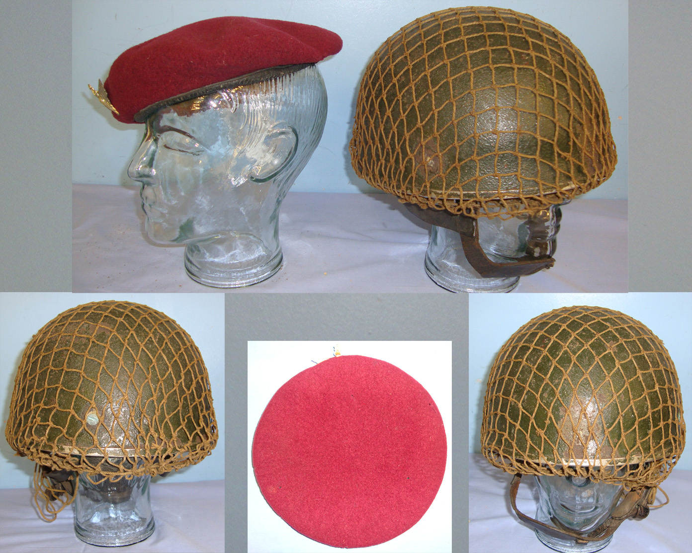  FOUND TOGETHER**WW2 1943 ‘Arnhem’ British All Steel 2nd Pattern Paratroopers Jump Helmet By BMB With Liner, Leather Chin Strap, Camo Net & WW2 British Parachute Regiment Red Beret With Kings Crown Para Wings Cap Badge. Sn 20951  Clothing