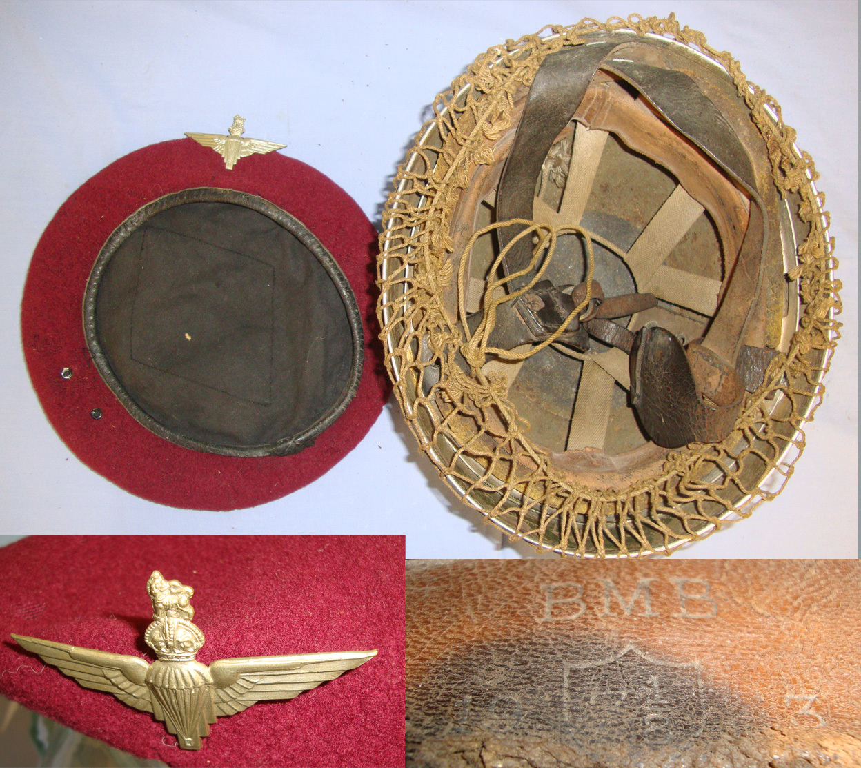 FOUND TOGETHER**WW2 1943 ‘Arnhem’ British All Steel 2nd Pattern Paratroopers Jump Helmet By BMB With Liner, Leather Chin Strap, Camo Net & WW2 British Parachute Regiment Red Beret With Kings Crown Para Wings Cap Badge. Sn 20951  Clothing