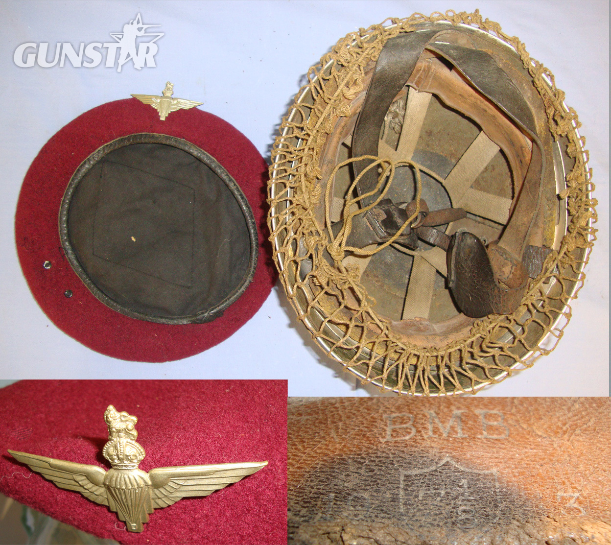 FOUND TOGETHER**WW2 1943 ‘Arnhem’ British All Steel 2nd Pattern Paratroopers Jump Helmet By BMB With Liner, Leather Chin Strap, Camo Net & WW2 British Parachute Regiment Red Beret With Kings Crown Para Wings Cap Badge. Sn 20951  Clothing