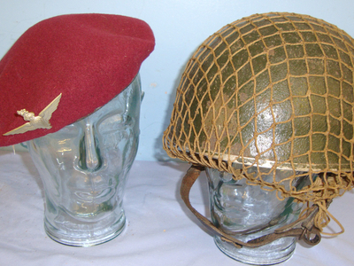 FOUND TOGETHER**WW2 1943 ‘Arnhem’ British All Steel 2nd Pattern Paratroopers Jump Helmet By BMB With Liner, Leather Chin Strap, Camo Net & WW2 British Parachute Regiment Red Beret With Kings Crown Para Wings Cap Badge. Sn 20951  Clothing