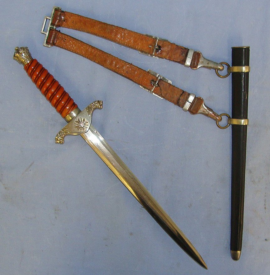  RARE**ORIGINAL**1920’s -1940’s WW2 Era Bulgarian Axis Forces Army Officer’s Dagger With Etched Blade ‘Duty & Honour’ Scabbard & Hangers. Sn 23188 Dagger