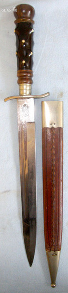 Victorian Era German Solingen Made Hunting Dagger Spanish Export ‘El Correo Calidad Superior’ with Ebony & Polished Horn Hilt Inlaid with Antique Ivory Studs, Blade Period Inscribed To ‘S. Lawton’, German Silver Mounts & Leather Scabbard. Sn 14623 Knive in 
