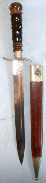 Victorian Era German Solingen Made Hunting Dagger Spanish Export ‘El Correo Calidad Superior’ with Ebony & Polished Horn Hilt Inlaid with Antique Ivory Studs, Blade Period Inscribed To ‘S. Lawton’, German Silver Mounts & Leather Scabbard. Sn 14623 Knive