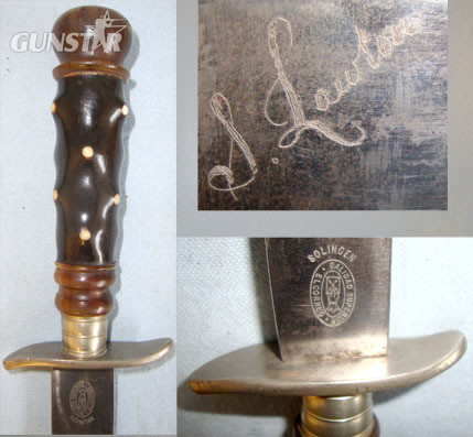  Victorian Era German Solingen Made Hunting Dagger Spanish Export ‘El Correo Calidad Superior’ with Ebony & Polished Horn Hilt Inlaid with Antique Ivory Studs, Blade Period Inscribed To ‘S. Lawton’, German Silver Mounts & Leather Scabbard. Sn 14623 Knive