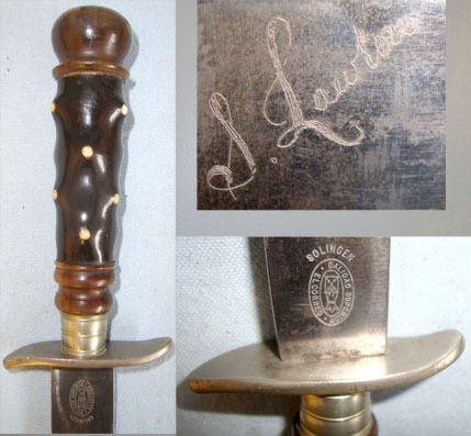  Victorian Era German Solingen Made Hunting Dagger Spanish Export ‘El Correo Calidad Superior’ with Ebony & Polished Horn Hilt Inlaid with Antique Ivory Studs, Blade Period Inscribed To ‘S. Lawton’, German Silver Mounts & Leather Scabbard. Sn 14623 Knive