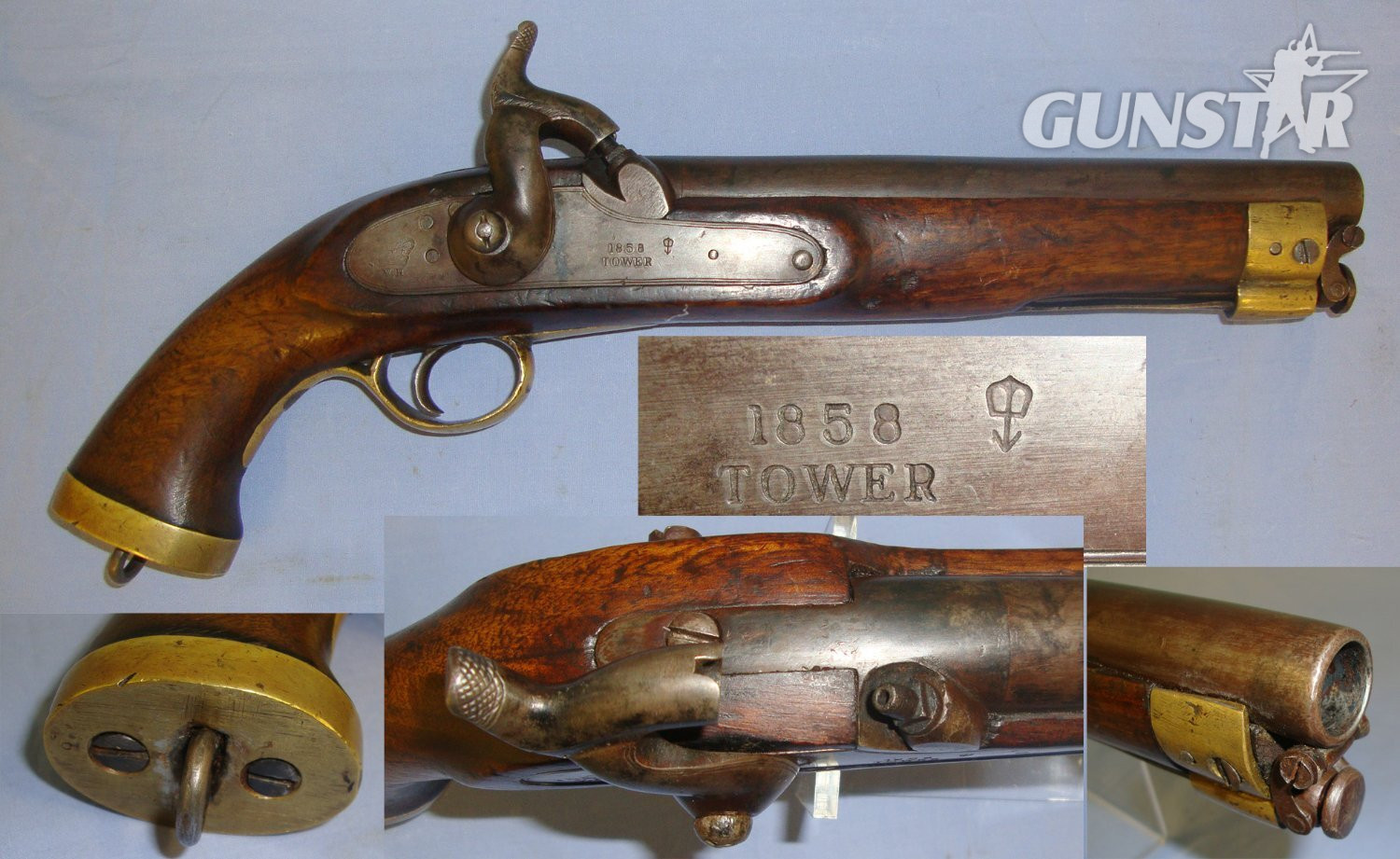 Victorian 1858 British WD Enfield Tower .650 Carbine Calibre Percussion Pistol With Regulation Brass Fittings, Military Lanyard Ring & Captive Ram Rod. Sn 21449:2 .65 Cal Muzzleloader Muzzleloader in 