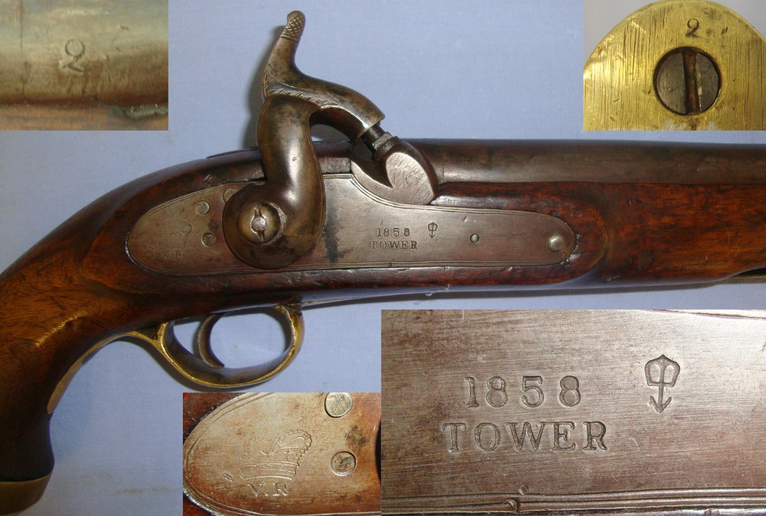 Victorian 1858 British WD Enfield Tower .650 Carbine Calibre Percussion Pistol With Regulation Brass Fittings, Military Lanyard Ring & Captive Ram Rod. Sn 21449:2 .65 Cal Muzzleloader Muzzleloader