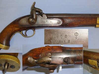 Victorian 1858 British WD Enfield Tower .650 Carbine Calibre Percussion Pistol With Regulation Brass Fittings, Military Lanyard Ring & Captive Ram Rod. Sn 21449:2 .65 Cal Muzzleloader Muzzleloader