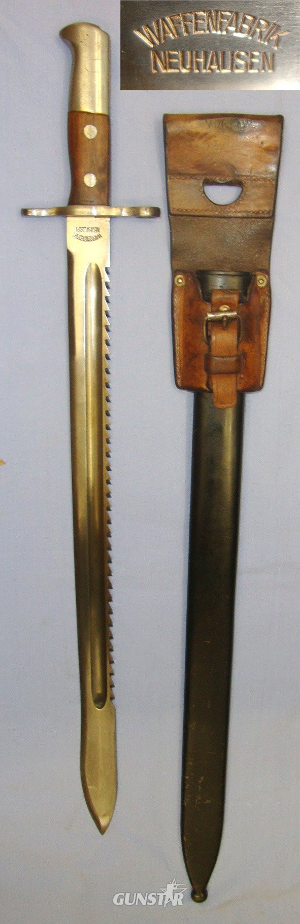 Swiss Army Engineer’s / Pioneer’s Model 1914 Sawback Sword Bayonet For Model 1889 Schmidt Rubin Infantry Rifles By WaffenFabrik Neuhausen & Swiss Army Marked Scabbard With Swiss Army Marked Leather Frog. Sn 22889 Bayonet in 