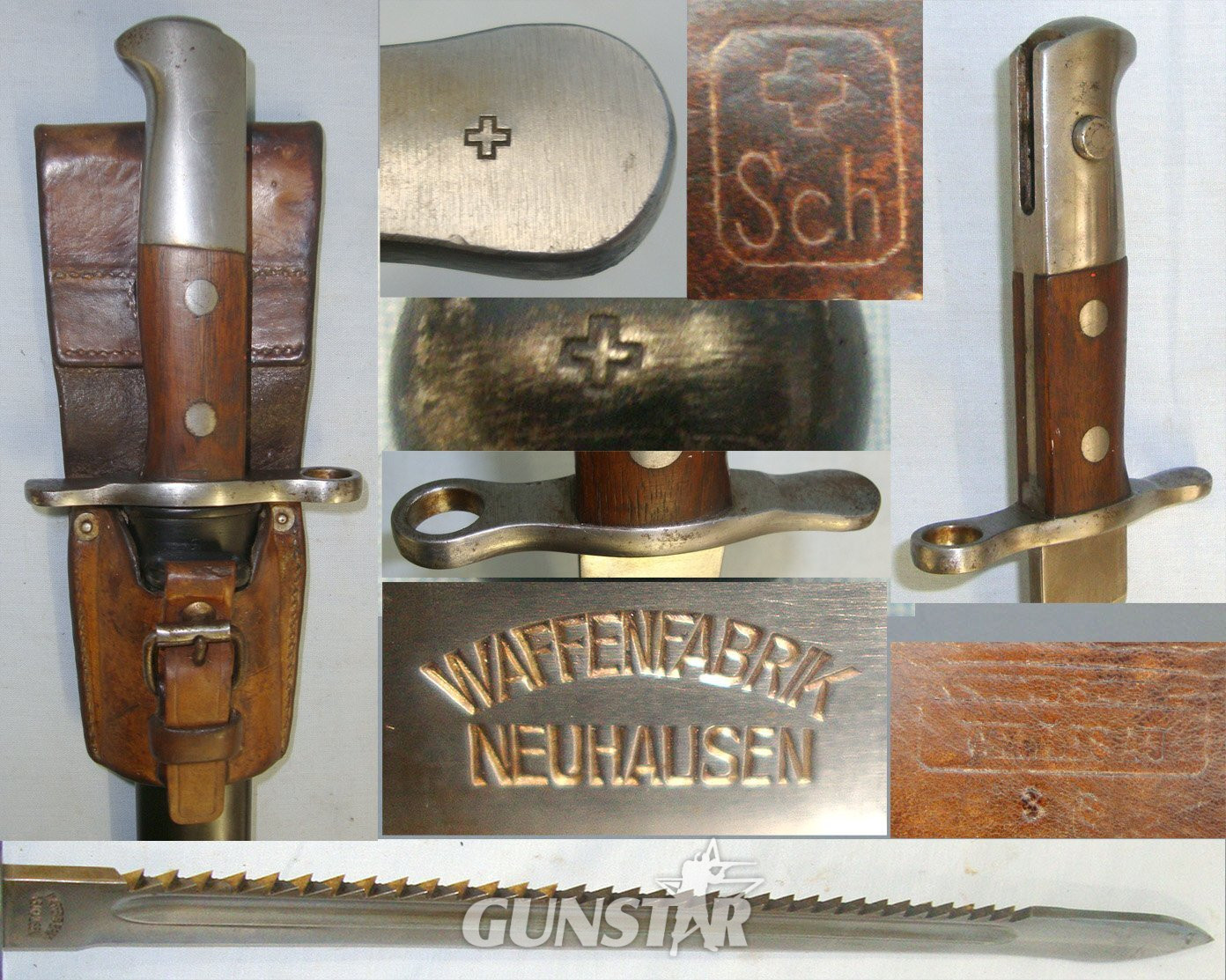 Swiss Army Engineer’s / Pioneer’s Model 1914 Sawback Sword Bayonet For Model 1889 Schmidt Rubin Infantry Rifles By WaffenFabrik Neuhausen & Swiss Army Marked Scabbard With Swiss Army Marked Leather Frog. Sn 22889 Bayonet