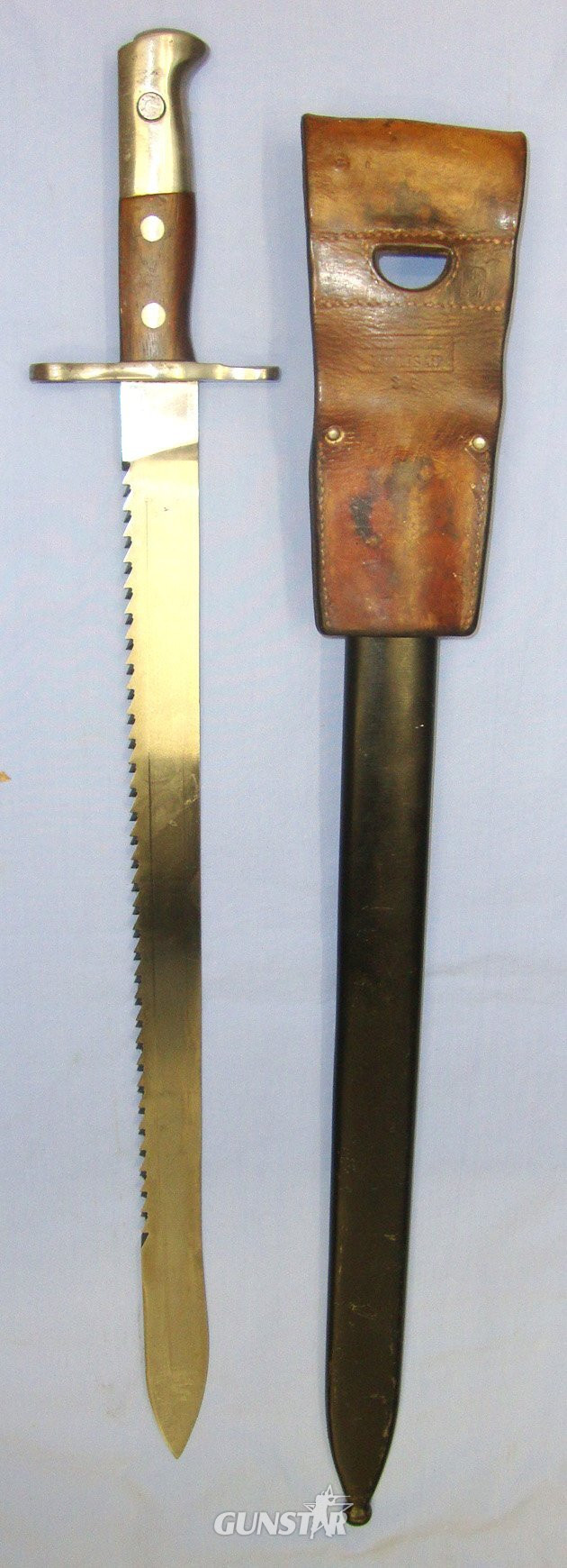  Swiss Army Engineer’s / Pioneer’s Model 1914 Sawback Sword Bayonet For Model 1889 Schmidt Rubin Infantry Rifles By WaffenFabrik Neuhausen & Swiss Army Marked Scabbard With Swiss Army Marked Leather Frog. Sn 22889 Bayonet