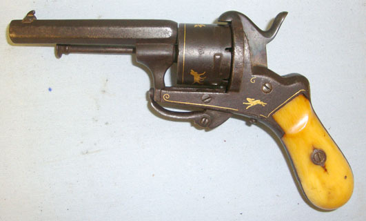Lefaucheux 7mm Pin Fire Obsolete Calibre 6 Shot Double Action Revolver With Gold Game Dogs  7mm Revolver