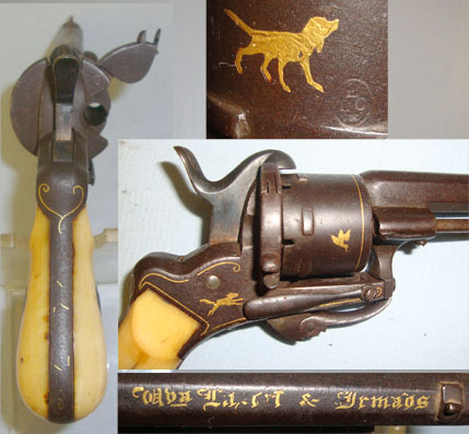  Lefaucheux 7mm Pin Fire Obsolete Calibre 6 Shot Double Action Revolver With Gold Game Dogs  7mm Revolver