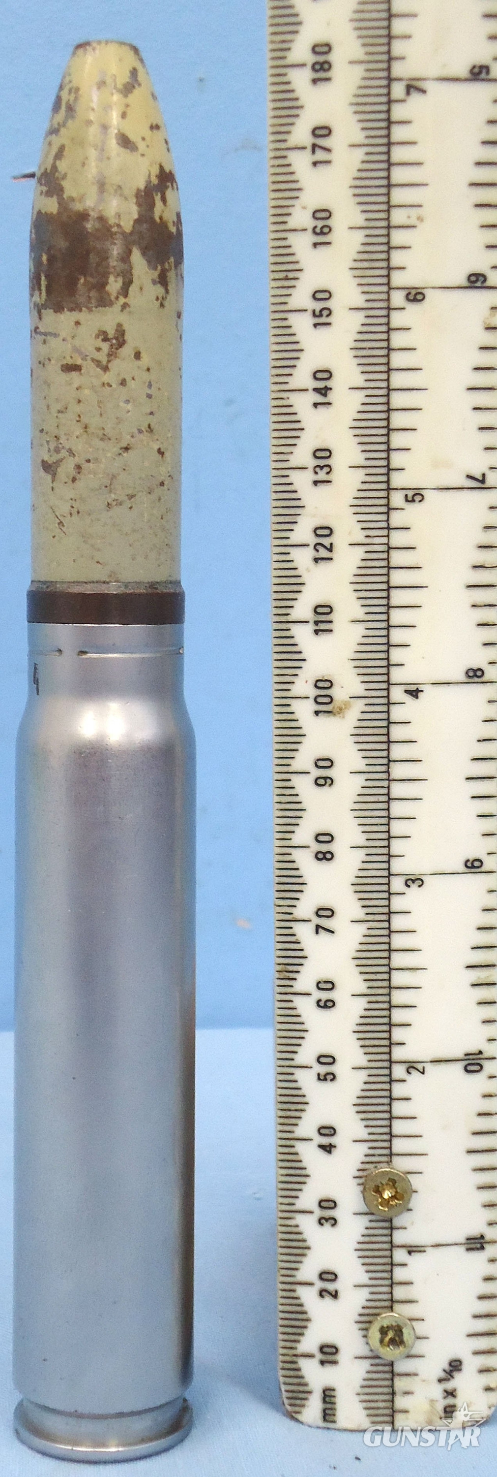 Kynoch INERT DEACTIVATED. British, 20MM Hispano-Suiza (20x110) HS 404 Aircraft Cannon Inspection Round by Kynoch. - O 2224  Other Ammunition in 