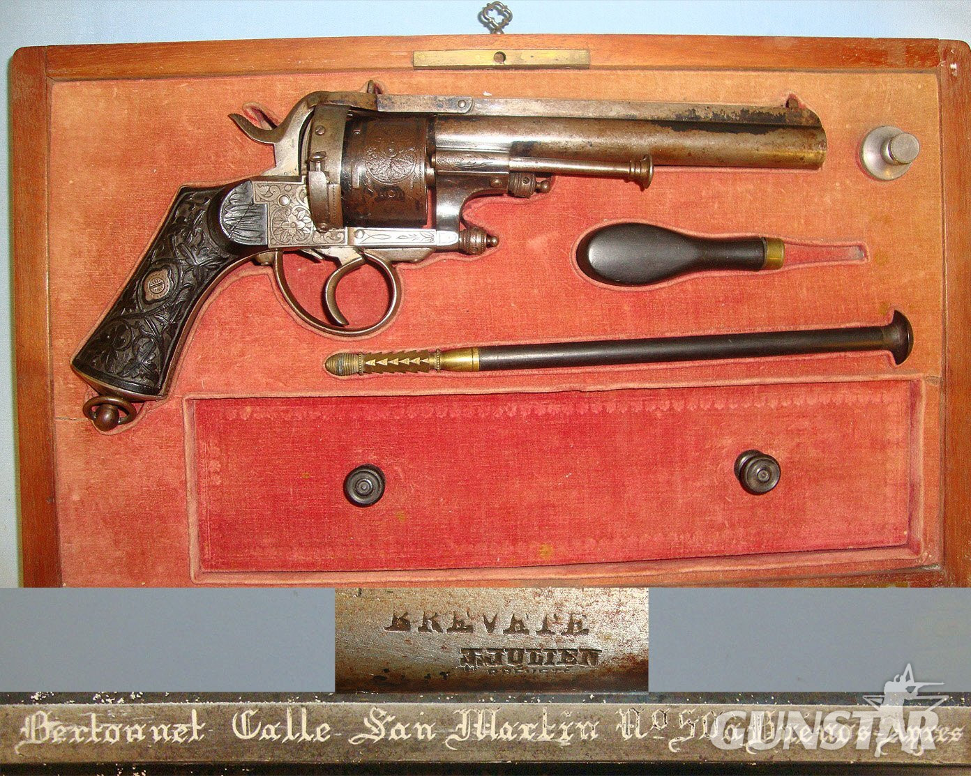 QUALITY**CASED**C1870 Julien Joseph Liege Belgium 12mm Pin Fire Obsolete Calibre Double Action Revolver Retailed By ‘Bertonnet Calle San Martin No 50 a Buenos-Ayres’   With Accessories. A 1066 12 mm Revolver in 