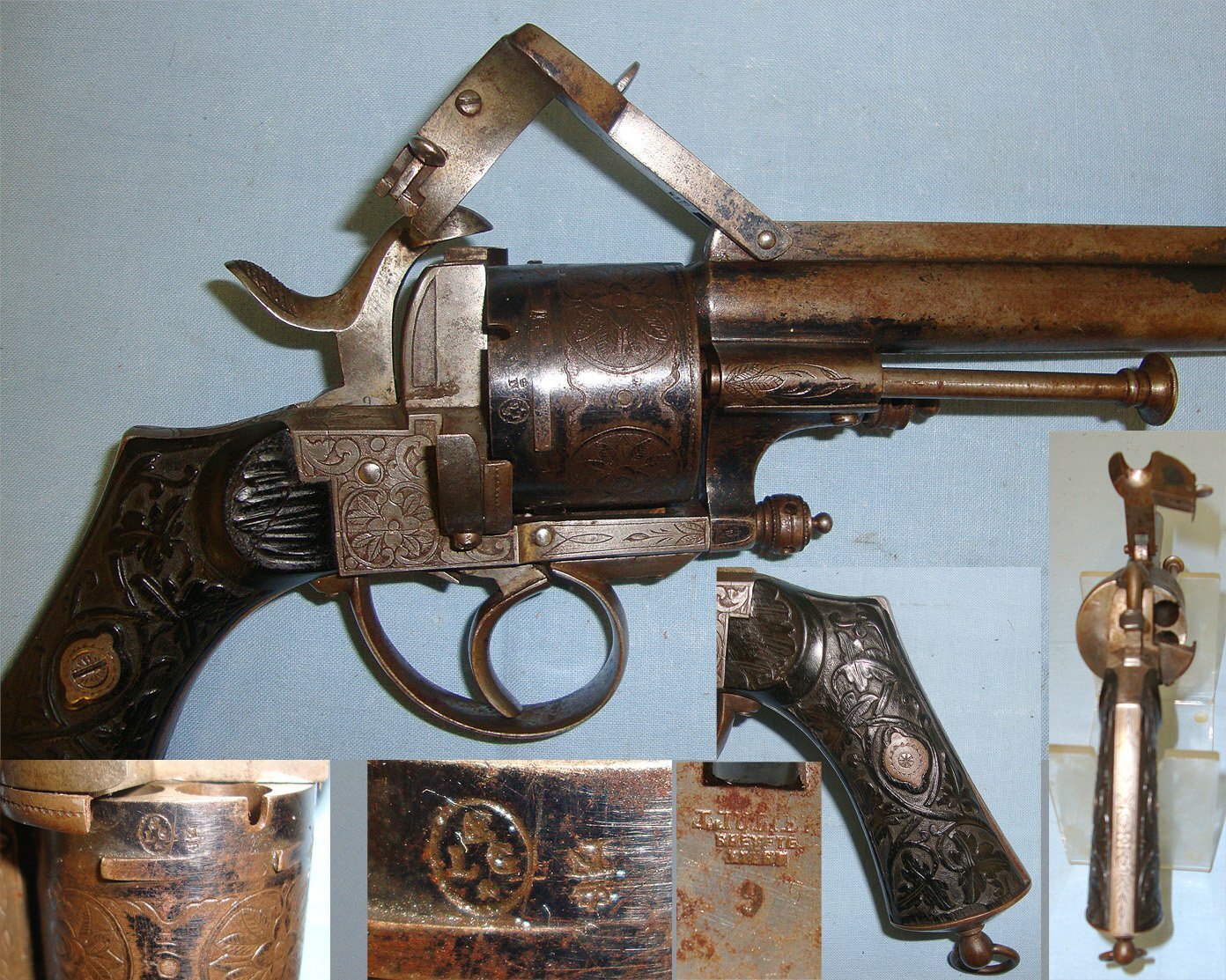 QUALITY**CASED**C1870 Julien Joseph Liege Belgium 12mm Pin Fire Obsolete Calibre Double Action Revolver Retailed By ‘Bertonnet Calle San Martin No 50 a Buenos-Ayres’   With Accessories. A 1066 12 mm Revolver