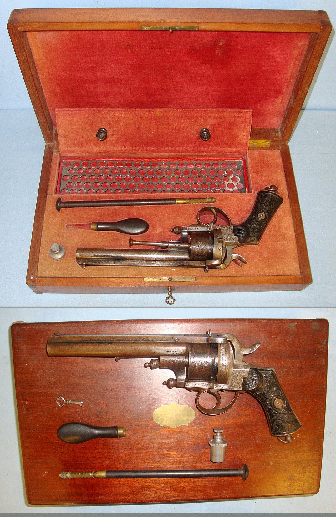  QUALITY**CASED**C1870 Julien Joseph Liege Belgium 12mm Pin Fire Obsolete Calibre Double Action Revolver Retailed By ‘Bertonnet Calle San Martin No 50 a Buenos-Ayres’   With Accessories. A 1066 12 mm Revolver