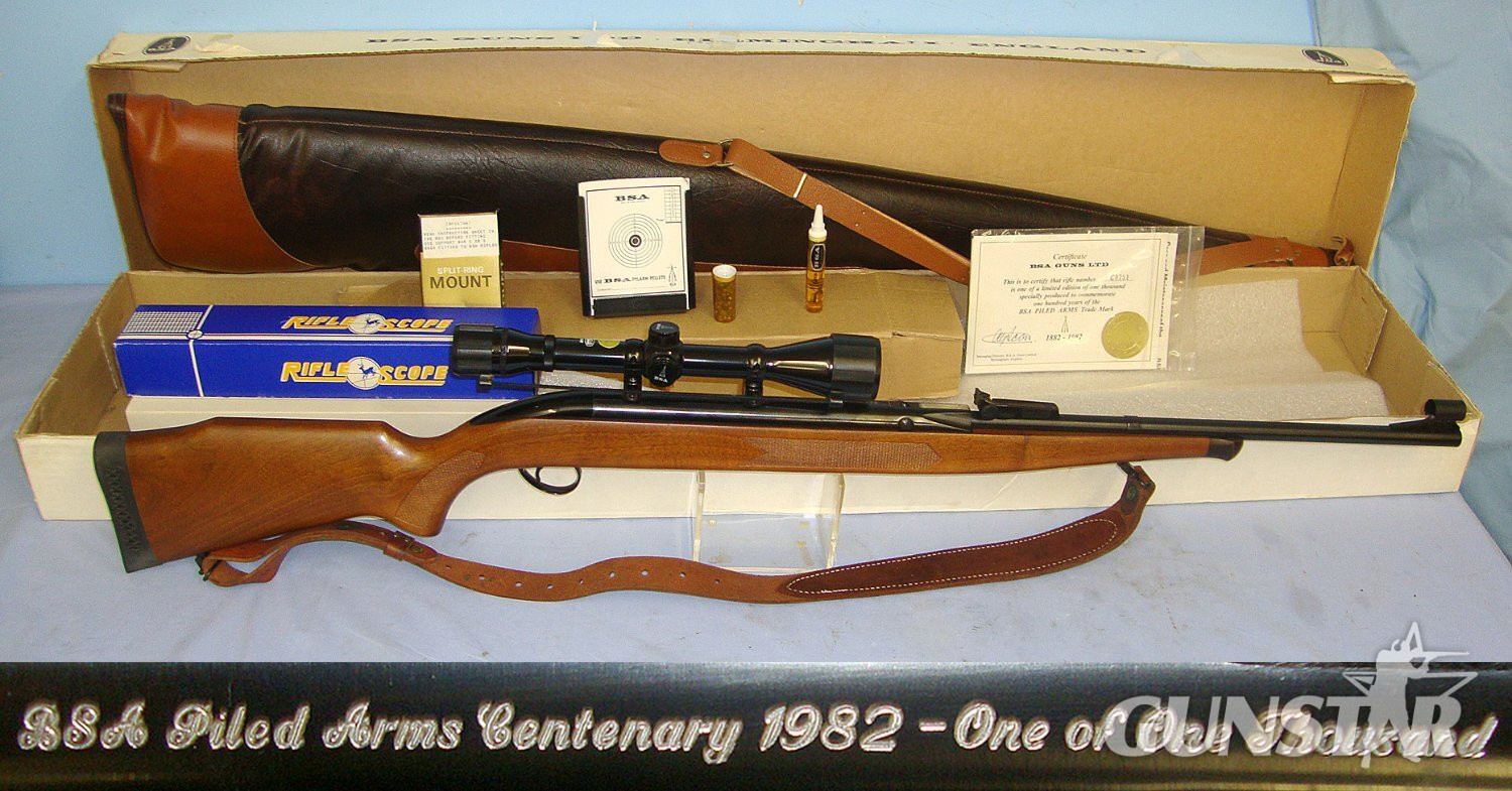 COMPLETE**MINT**Boxed, BSA Airsporter ‘S’ Stutzen ‘BSA Piled Arms Centenary 1982 One Of One Thousand’ .22 Calibre Under Lever Commemorative Air Rifle Number C0751 With Correct Centenary Accessories. Sn 23535 air rifle .22 in 