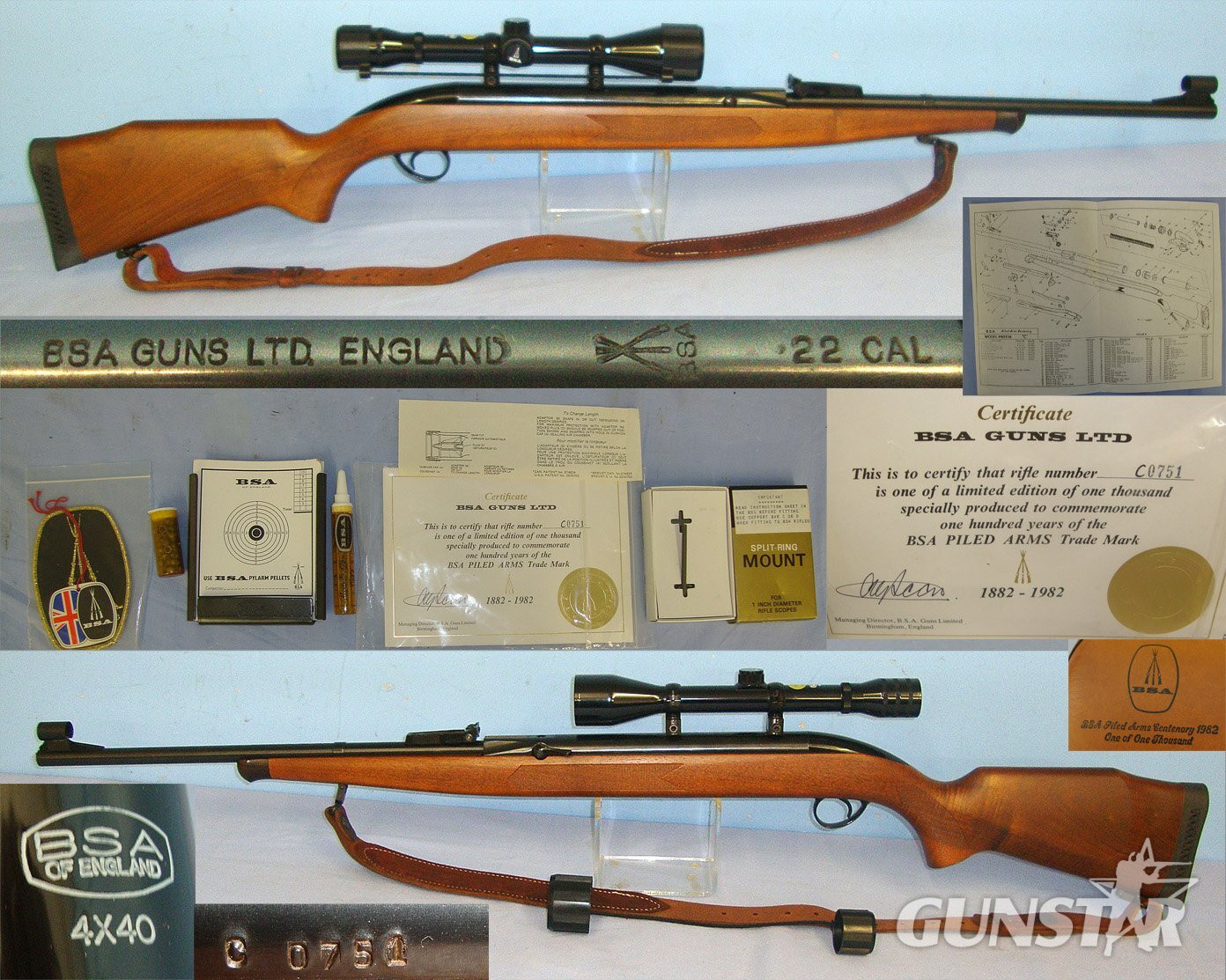 COMPLETE**MINT**Boxed, BSA Airsporter ‘S’ Stutzen ‘BSA Piled Arms Centenary 1982 One Of One Thousand’ .22 Calibre Under Lever Commemorative Air Rifle Number C0751 With Correct Centenary Accessories. Sn 23535 air rifle .22