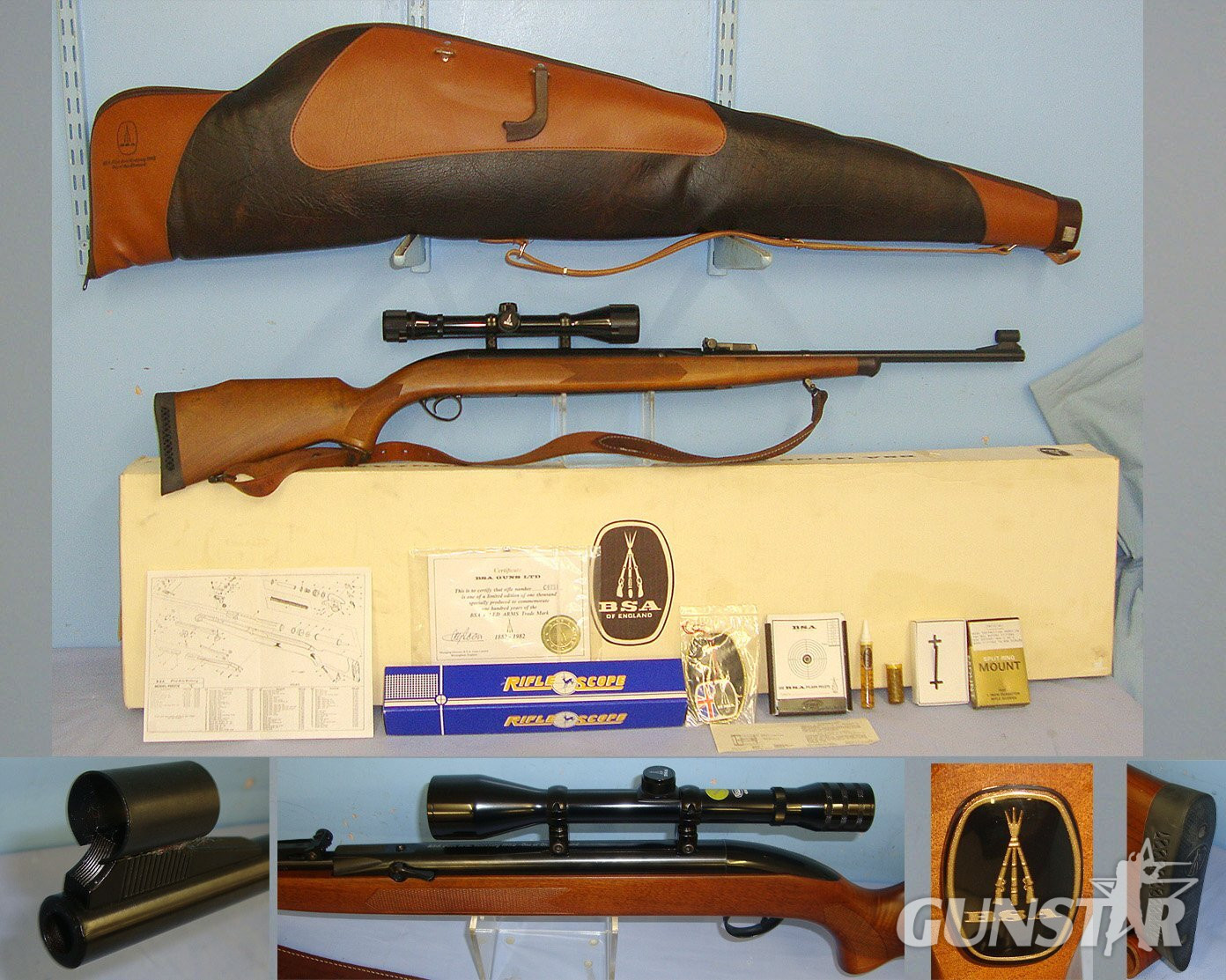  COMPLETE**MINT**Boxed, BSA Airsporter ‘S’ Stutzen ‘BSA Piled Arms Centenary 1982 One Of One Thousand’ .22 Calibre Under Lever Commemorative Air Rifle Number C0751 With Correct Centenary Accessories. Sn 23535 air rifle .22