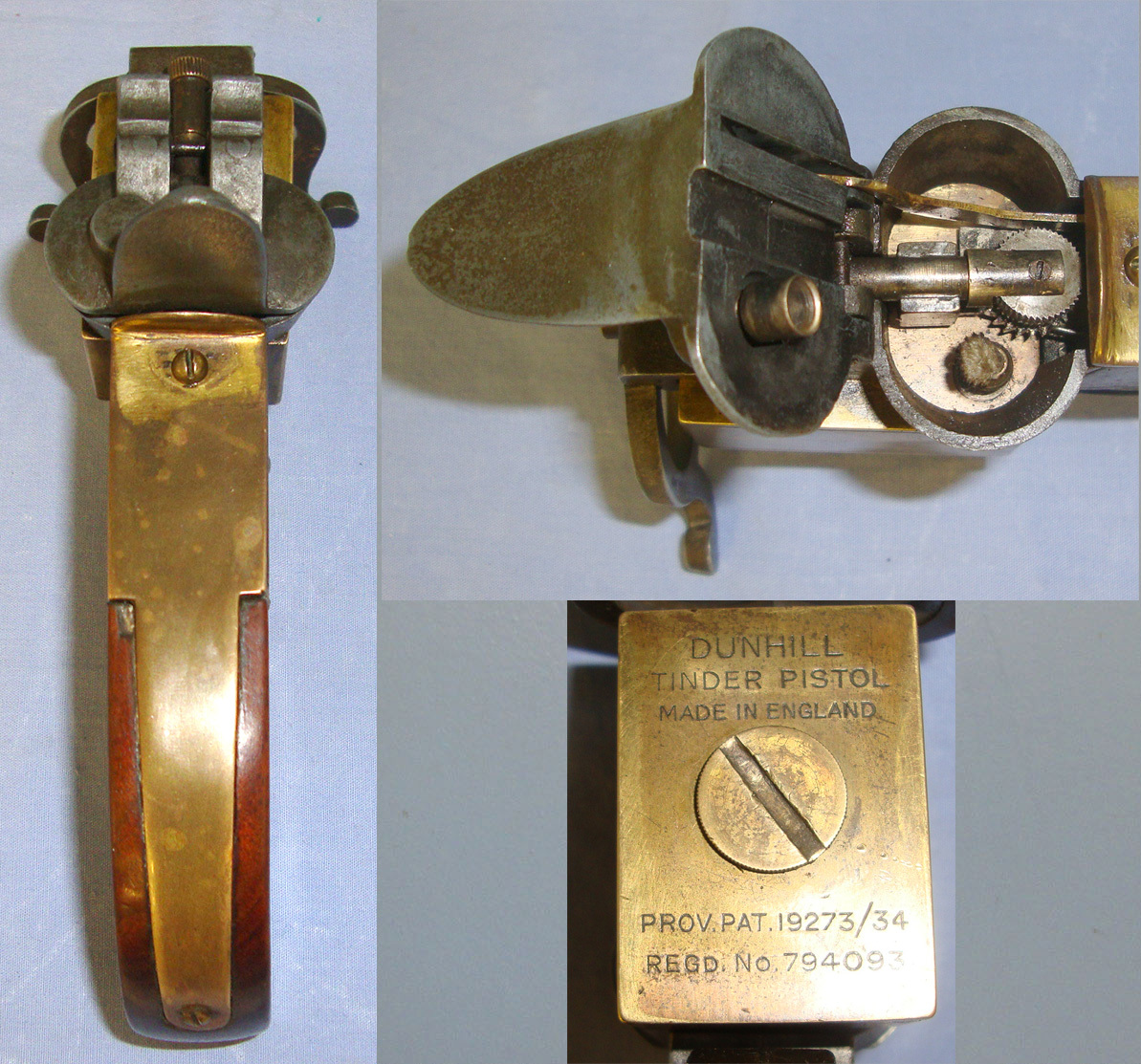 1934 Patent English Dunhill (London) Tinder Petrol Table Lighter Pistol For Tinder, Cigarettes & Cigars. Sn 21223  Antique & Militaria