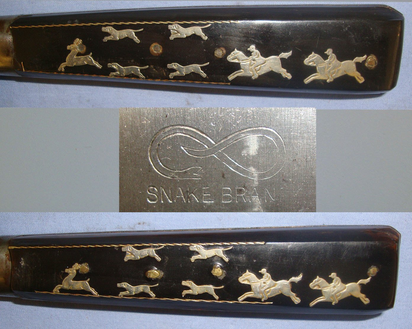 LARGE** Victorian / Edwardian American Wild West Era / African Export Piece S&J Kitchin Sheffield ‘Snake Brand’ Hunting Knife With Polished Horn Scales Inset With Brass Hunting Scenes & Later Bespoke Leather Scabbard. Sn 21296 Hunting Knive