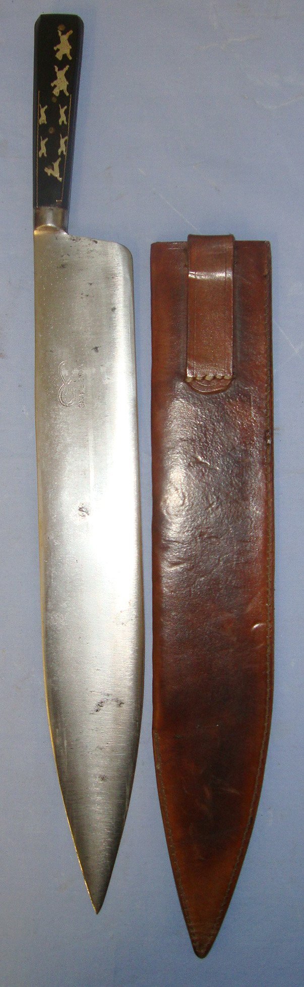  LARGE** Victorian / Edwardian American Wild West Era / African Export Piece S&J Kitchin Sheffield ‘Snake Brand’ Hunting Knife With Polished Horn Scales Inset With Brass Hunting Scenes & Later Bespoke Leather Scabbard. Sn 21296 Hunting Knive