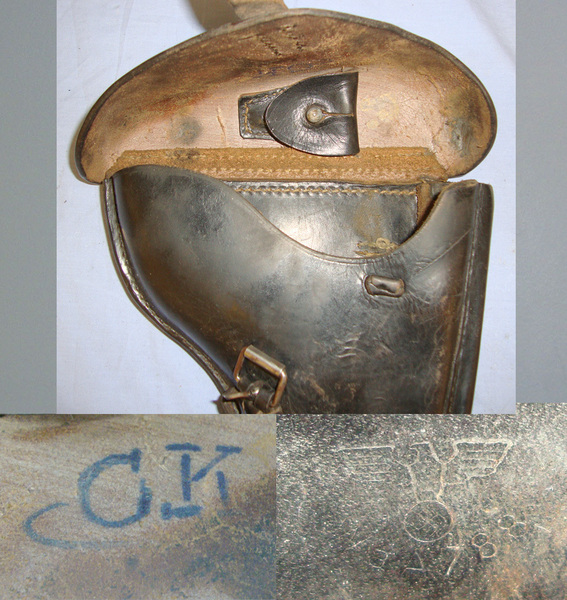 WW2 Era Nazi Marked WaA 788 (Juliuswerk-J. Schmidt & Sohn) German Luger PO8 9mm Semi Automatic Pistol Dark Brown Leather Hard Case Holster  Other Accessory