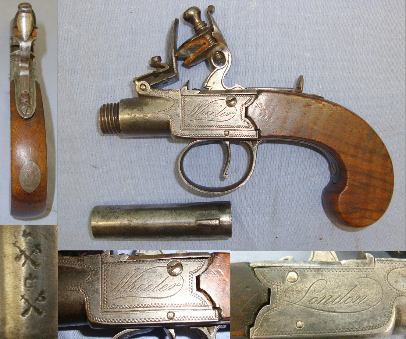 WHEELER C1805 English Wheeler London (Most Likely Robert Wheeler 1805-1808) 54 Bore Flintlock Pocket Pistol with Turn Off Barrel Sn 20359  Obsolete Muzzleloader