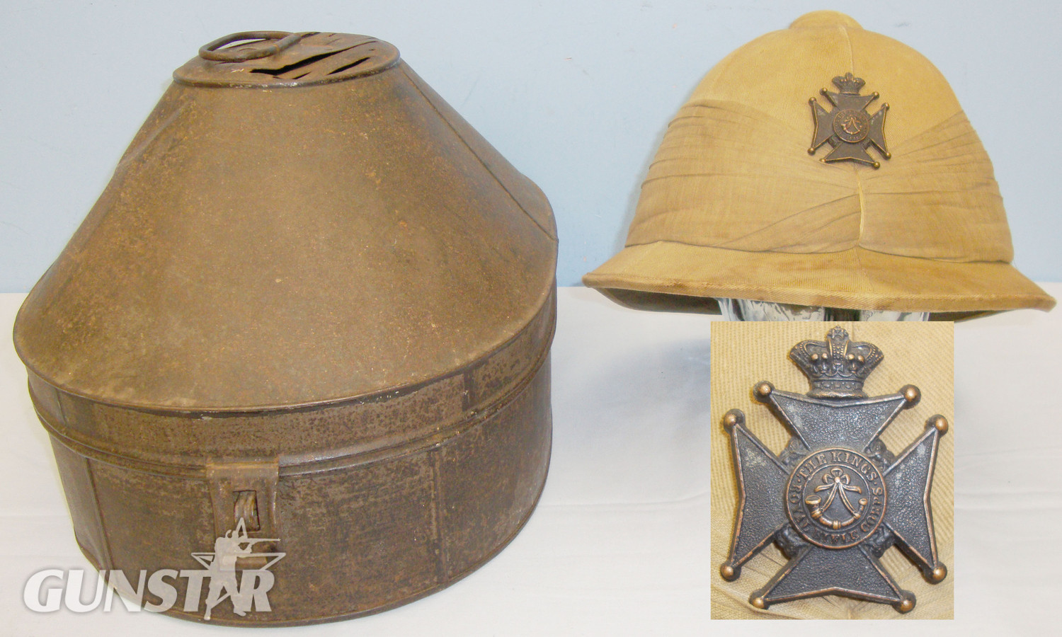 WWI era K.R.R.C (Kings Royal Rifle Corps) Officers ‘Pith/Tropical’ Helmet and Tin. 20678. WWI era K.R.R.C (Kings Royal Rifle Corps) Officers ‘Pith/Tropical’ Helmet and Tin. 20678. Other Accessory in 