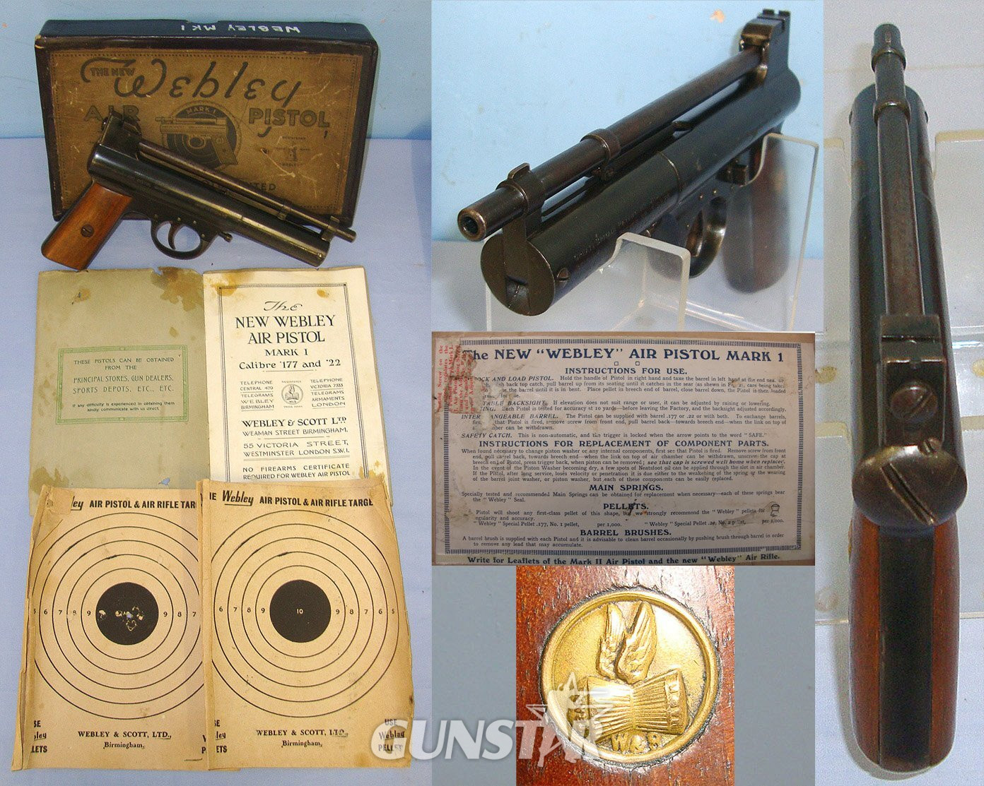 Boxed 1920’s The Webley Mark 1 .177 Air Pistol With Original Targets & Illustrated Webley Booklet. Sn 23484:58 air pistol .177 in 