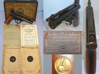 Boxed 1920’s The Webley Mark 1 .177 Air Pistol With Original Targets & Illustrated Webley Booklet. Sn 23484:58 air pistol .177