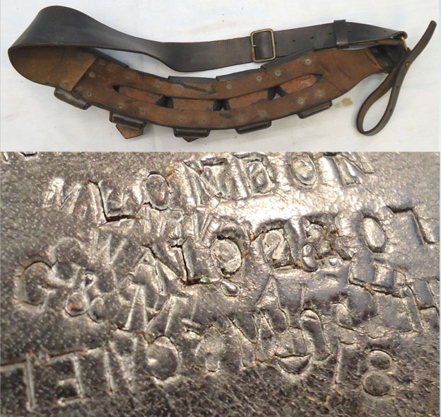 WW1, 1918 dated, Officers 50 Round (5 x 10 Round Pouches) Leather .303 Calibre Ammunition Bandolier By Marney & Co Ltd Walsall G&M. - MISC 895 Officers 50 Round (5 x 10 Round Pouches) Leather .303 Calibre Ammunition Bandolier By Marney & Co Ltd Walsall G&M. - MISC 895 Other Accessory