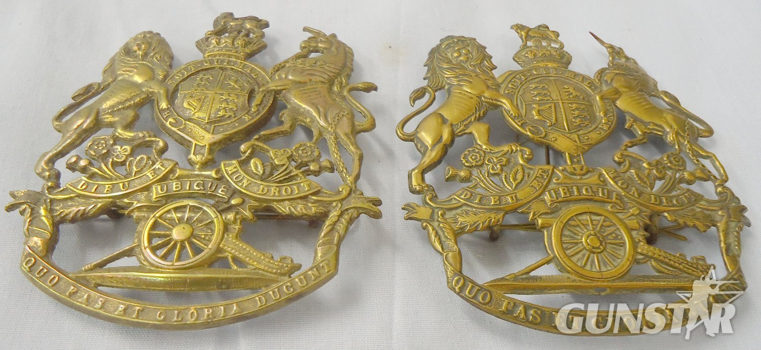 Pair* British Army Royal Artillery Kings Crown Helmet Plates One is c1878-1902 & the Other is c1902-1952. 22434:14. Pair* British Army Royal Artillery Kings Crown Helmet Plates One is c1878-1902 & the Other is c1902-1952. 22434:14.  Antique & Militaria in 