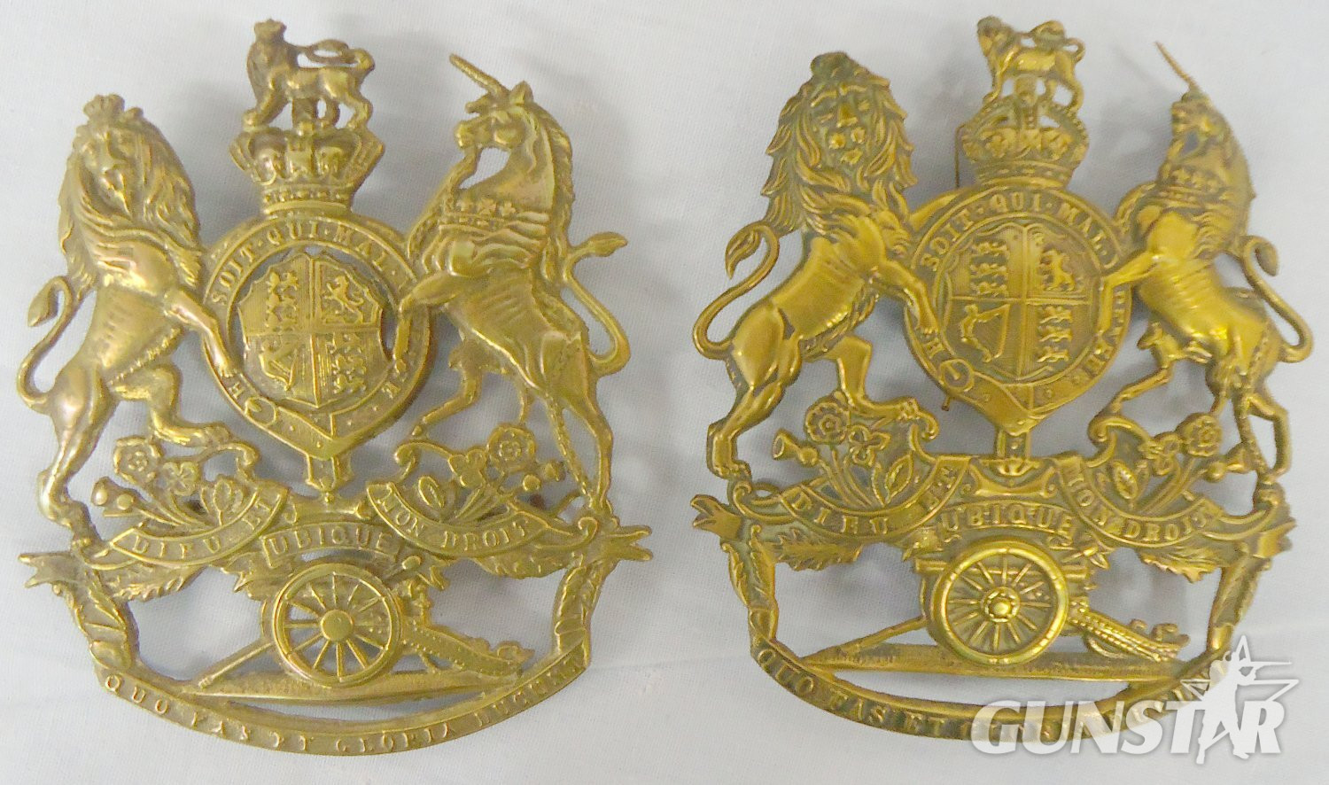 Pair* British Army Royal Artillery Kings Crown Helmet Plates One is c1878-1902 & the Other is c1902-1952. 22434:14. Pair* British Army Royal Artillery Kings Crown Helmet Plates One is c1878-1902 & the Other is c1902-1952. 22434:14.  Antique & Militaria
